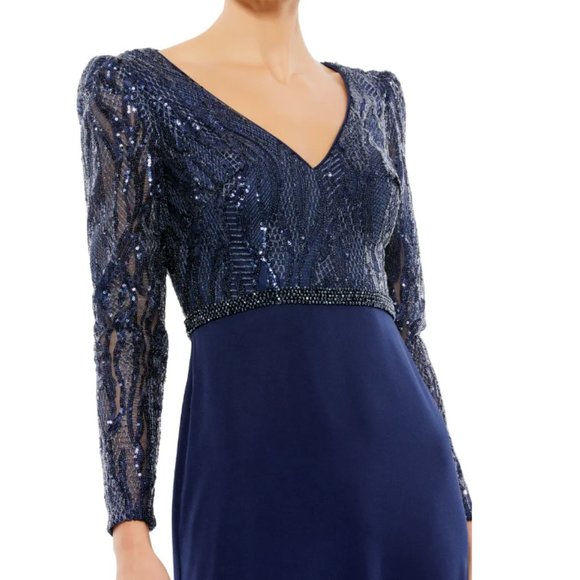 MAC DUGGAL V-NECK LONG SLEEVE SEQUIN EMPIRE WAIST MIDNIGHT NAVY GOWN sz 14 - Picture 3 of 6